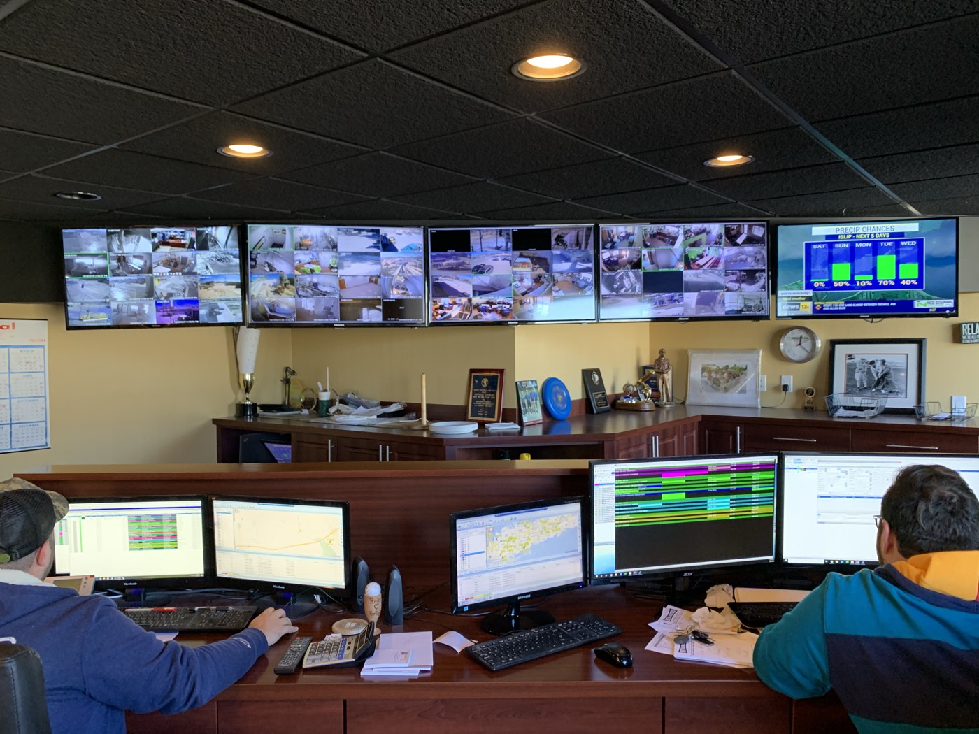 Dispatchers at the Nicolia central dispatch desk, with plant camera walls and scheduling screens above