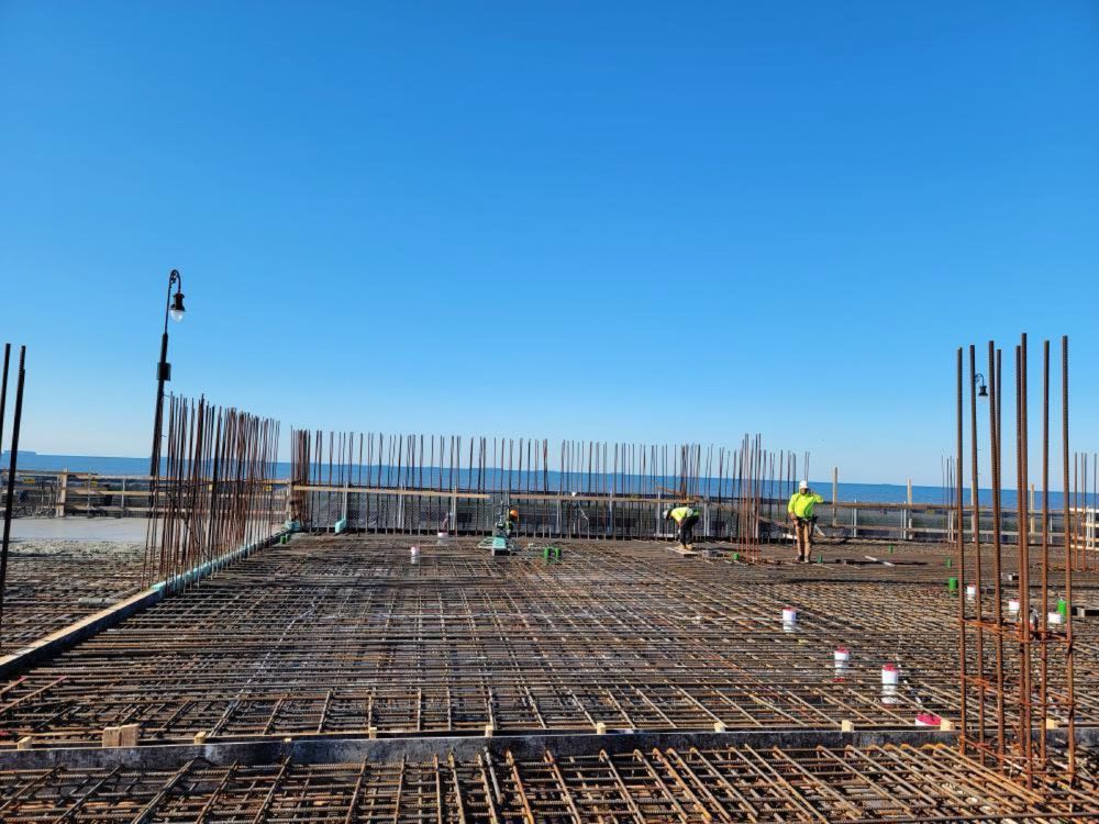 Reinforced deck with rebar mat set and ready for a concrete pour